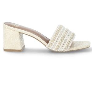Madden NYC Heeled Slides, natural raffia, pearls, gold, & rhinestones Women’s 11
